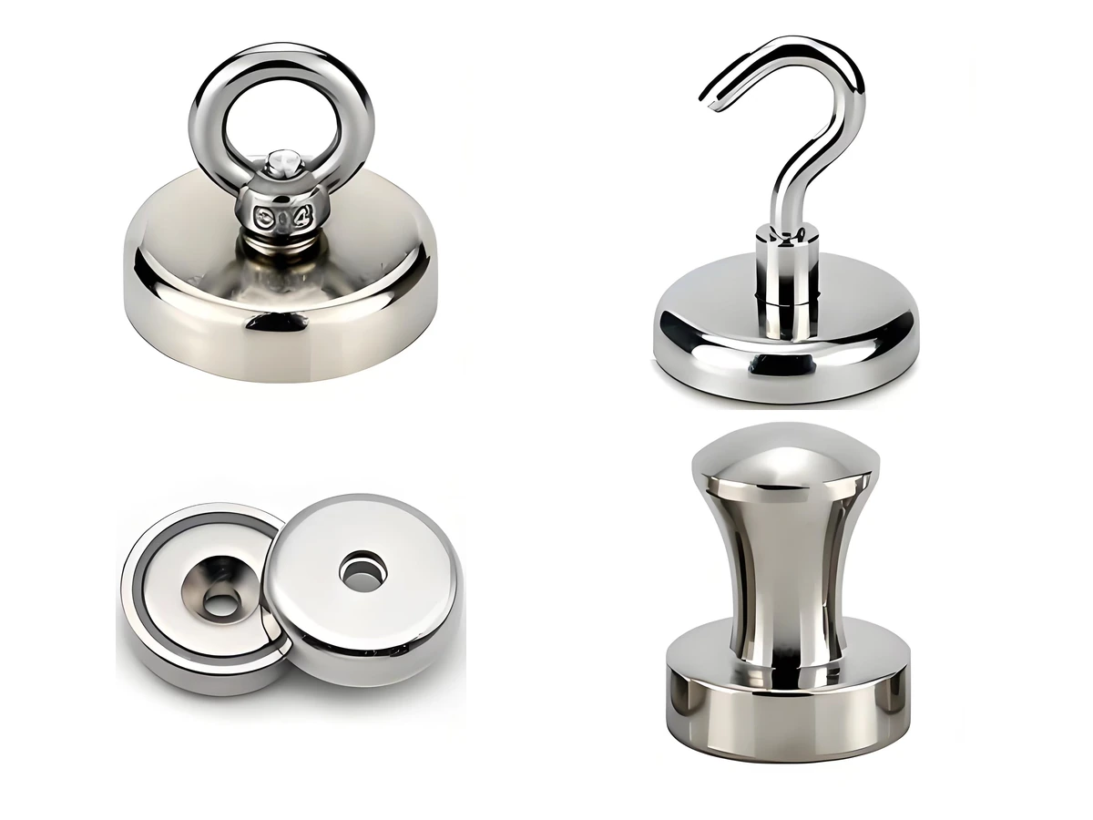 Fishing magnet, magnetic hook, pot magnet, and magnetic pin assemblies